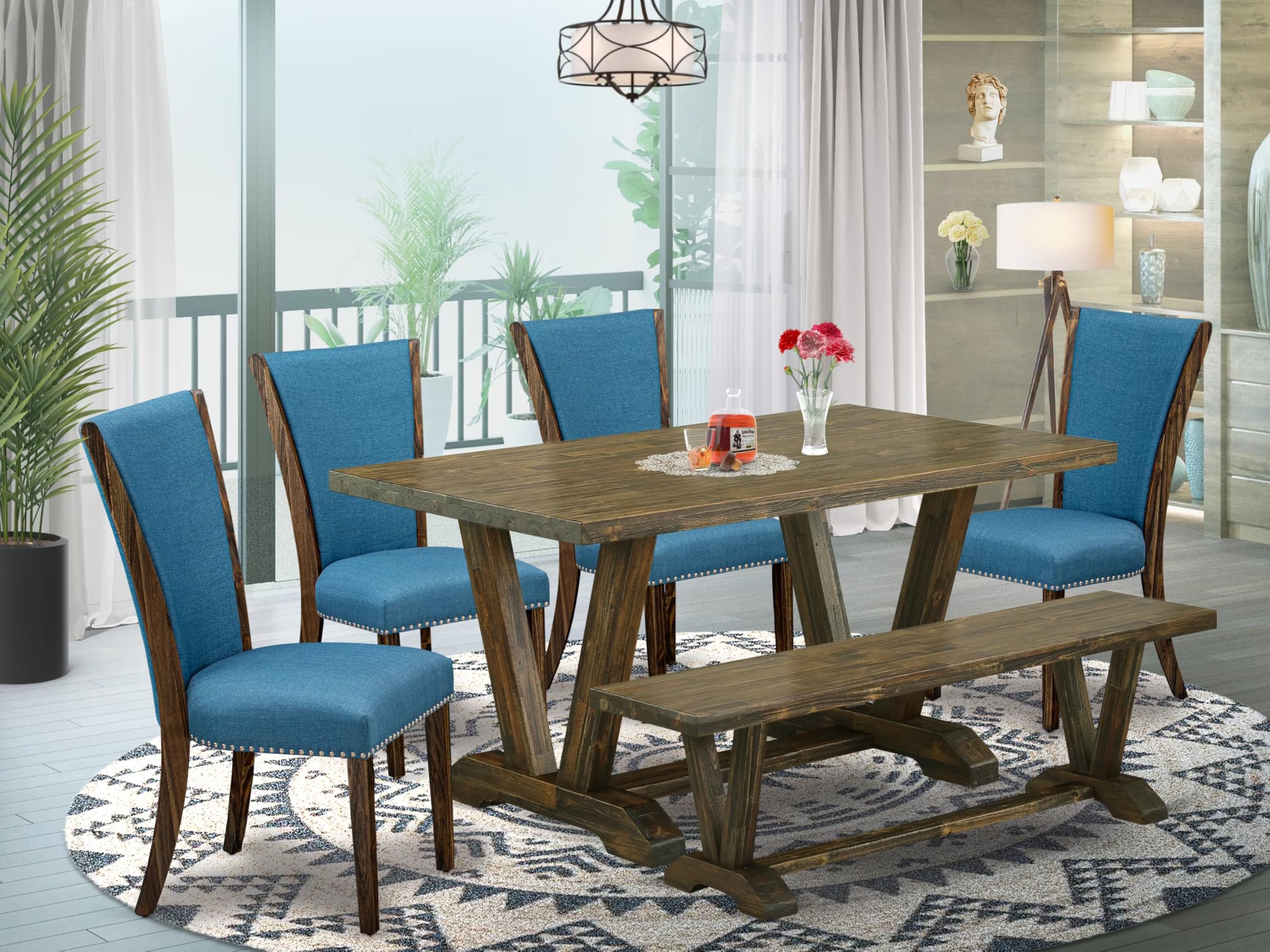 East West Furniture V776VE721-6 6 Piece Dinette Set Contains a Rectangle Dining Table with V-Legs and 4 Blue Color Linen Fabric Parson Chairs with a Bench, 36x60 Inch, Multi-Color